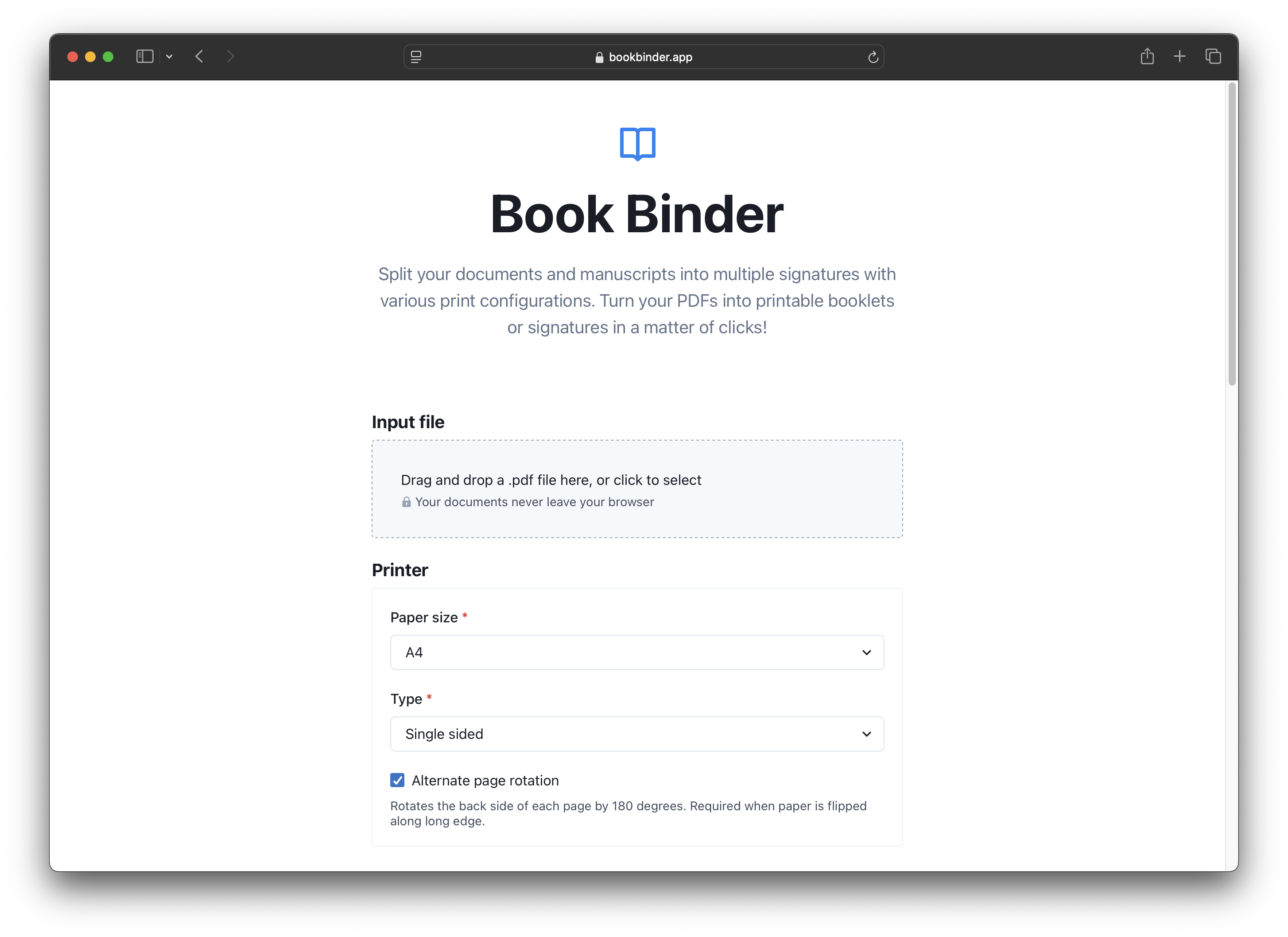 Screenshot of the book binder app