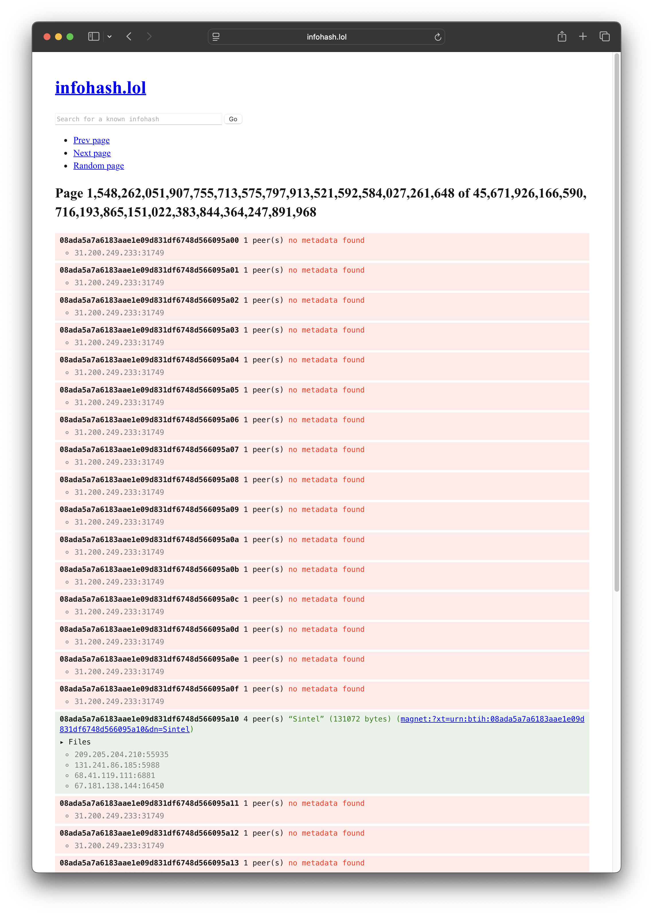 A screenshot of the infohash.lol website, showing metadata for a torrent